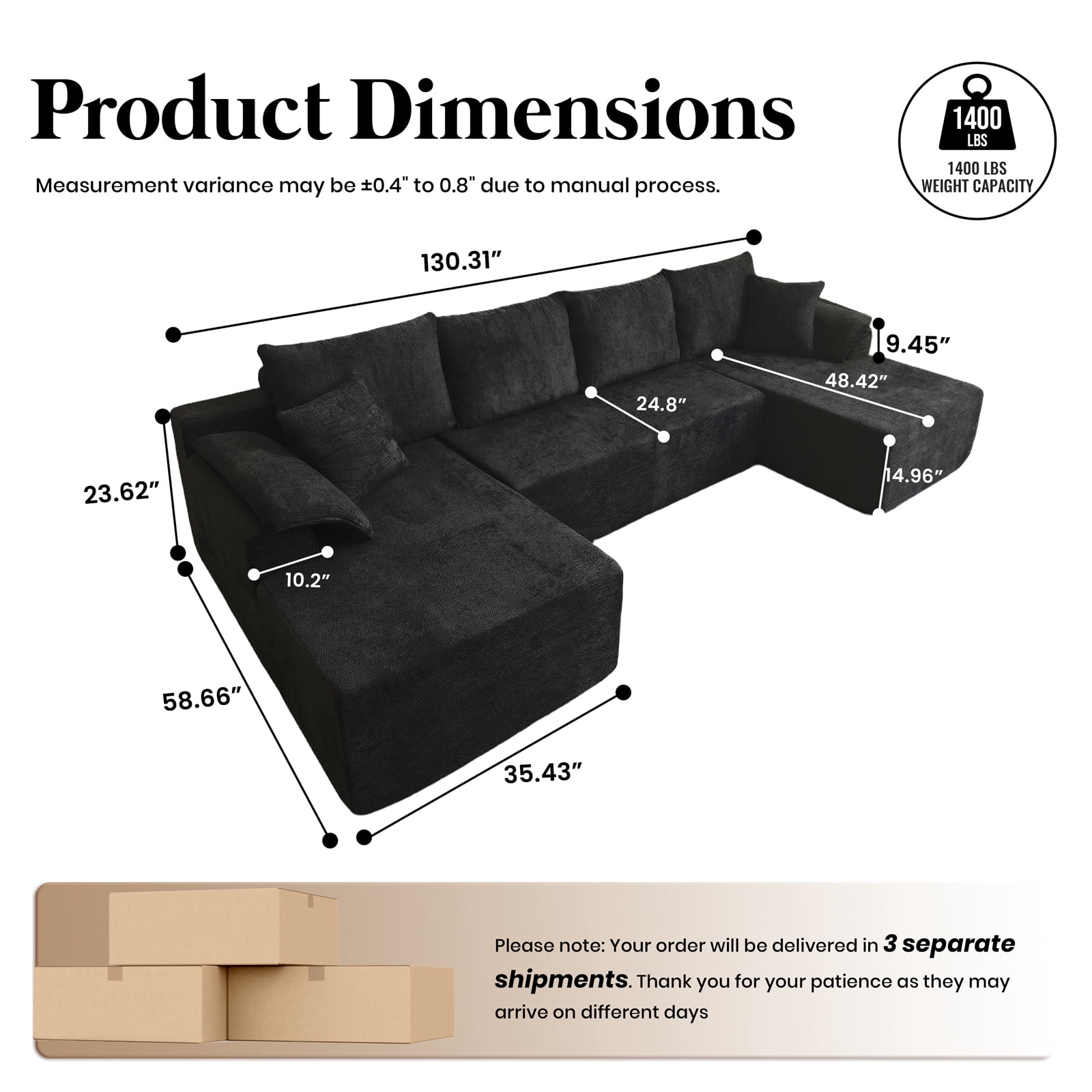 Kelyda 130'' U Shaped Sectional Couches, Modern Deep Seat Foam Boneless Cloud Sofa for Living Room Black