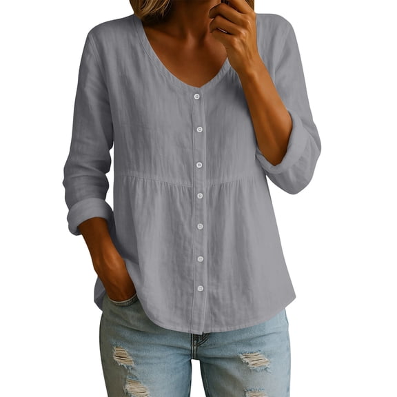 Craaazy Casual Button Down Shirts for Women Fashion Solid Color V-neck 3/4 Sleeve T-shirts