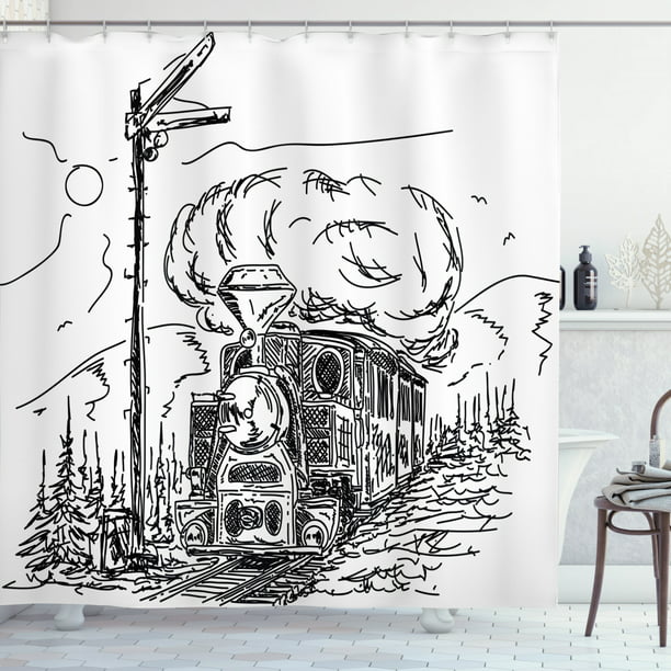 Steam Engine Shower Curtain Black And, Embroidered Shower Curtain Railroad Gray