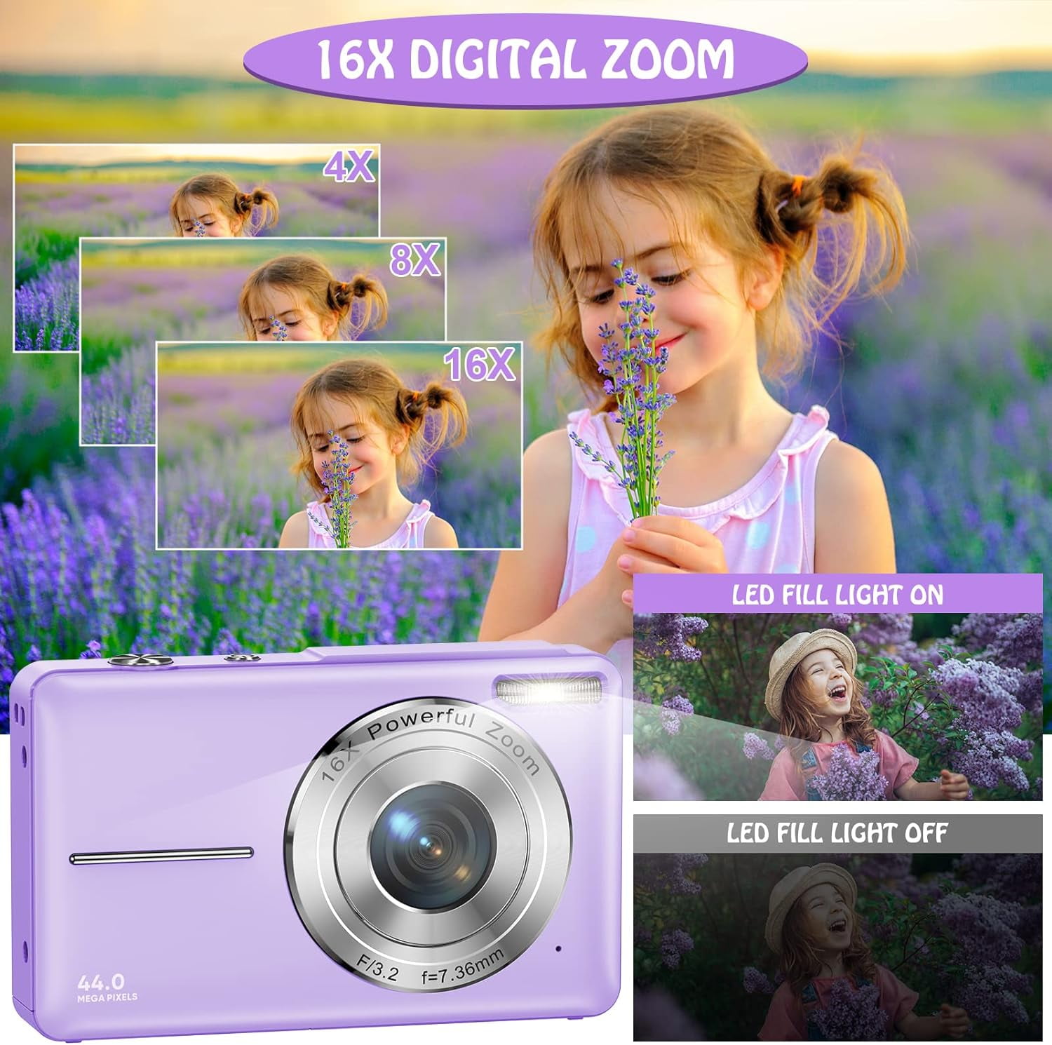 Digital Camera Kids Camera FHD 1080P 44MP Vlogging Camera with 16X Digital Zoom Portable Mini Digital Camera for Kids Teens Seniors with 32GB Card (Purple)
