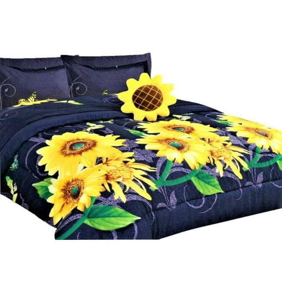 Kids bedding TWIN size comforter with matching sheet set and pillow plush toy super soft easy wash girl boy bed décor sunflower black print design