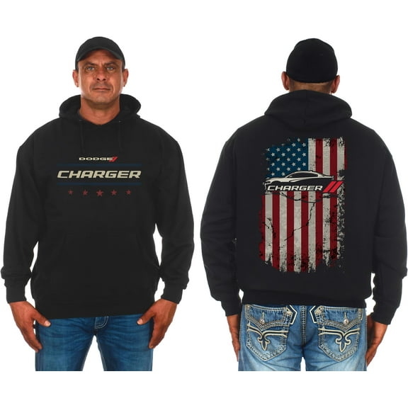 JH Design Men's Dodge Charger Pullover Hoodie American Flag 2 Sided Sweatshirt