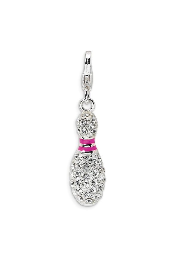 925 Sterling Silver RH 3-D Enameled Bowling Pin With Lobster Clasp Charm Pendant; for Adults and Teens; for Women and Men
