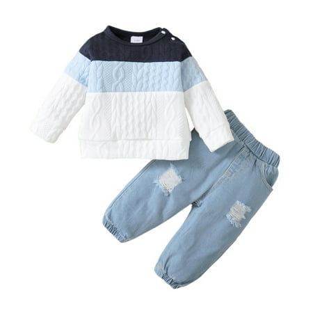 6 Months Baby Boys Clothes 9 Months Boys 2PCS Fall Winter Clothing Set Round Neck Infant Boys Long Sleeve Top Denim Pants Set Blue