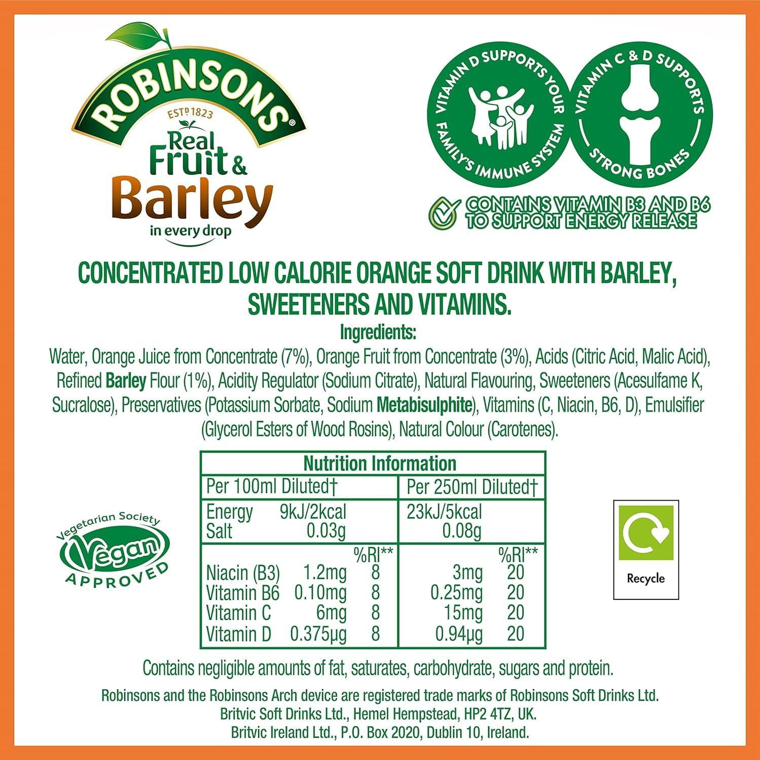 Robinsons Barley Water (Orange) 850ml (28.7 fl oz) - pack of 2