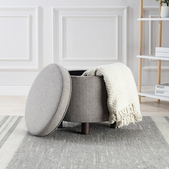 Wovenbyrd Round Storage Ottoman with Lift Off Lid, Faux Leather - Grey Polyester