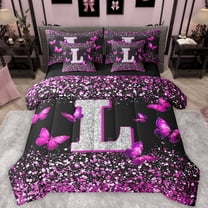 Feelyou Fashion Monogrammed L Twin Bedding Sets 7-Piece, Bling Butterfly Animal Bedding Comforter Set, Black Pink Sequin Print Reversible Sheet Sets, Luxury Bedroom Decor