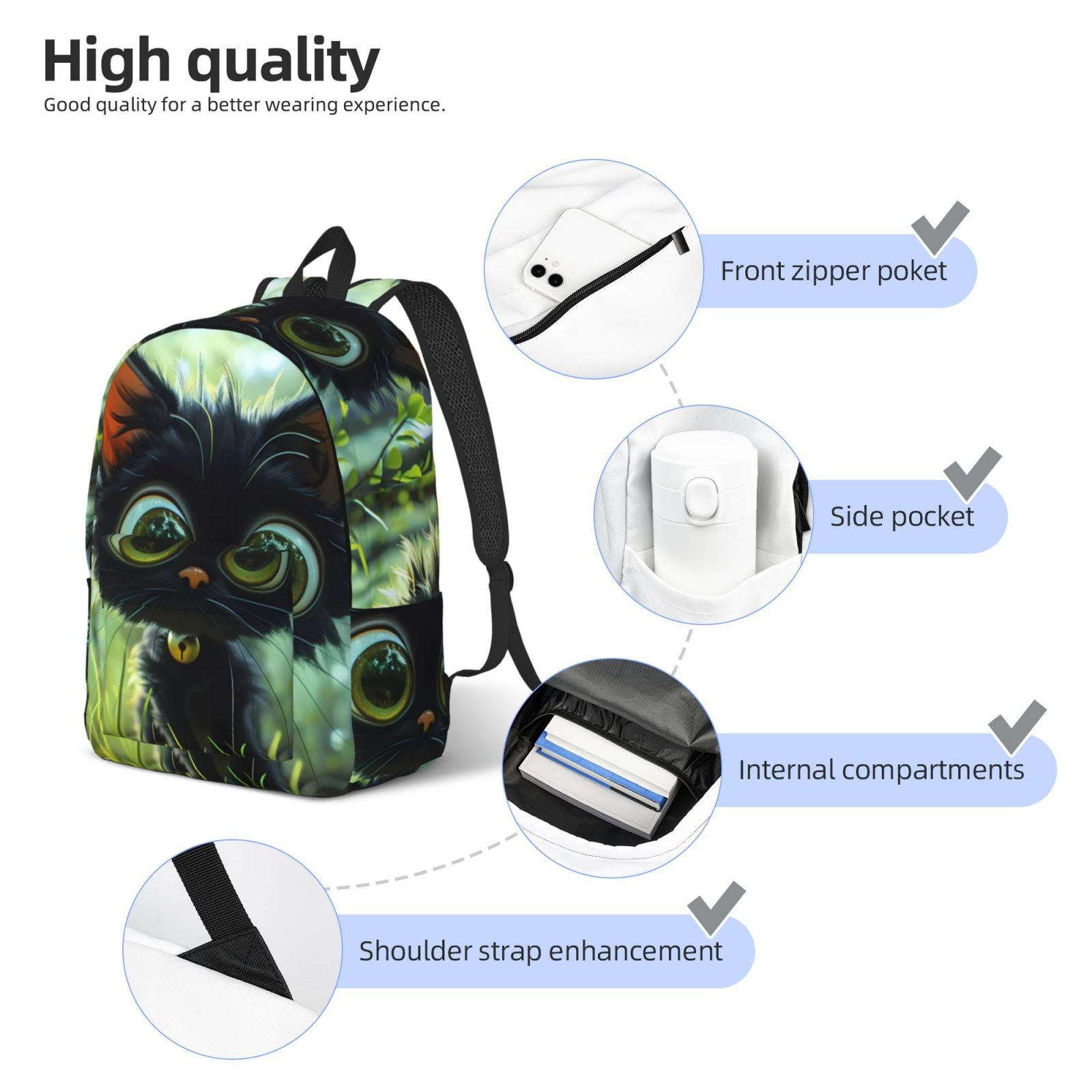 Defioc Cute Big-Eyed Black Cat for Canvas Backpack,Travel Rucksack Unisex Knapsack Laptop Backpack for Work & College -Small