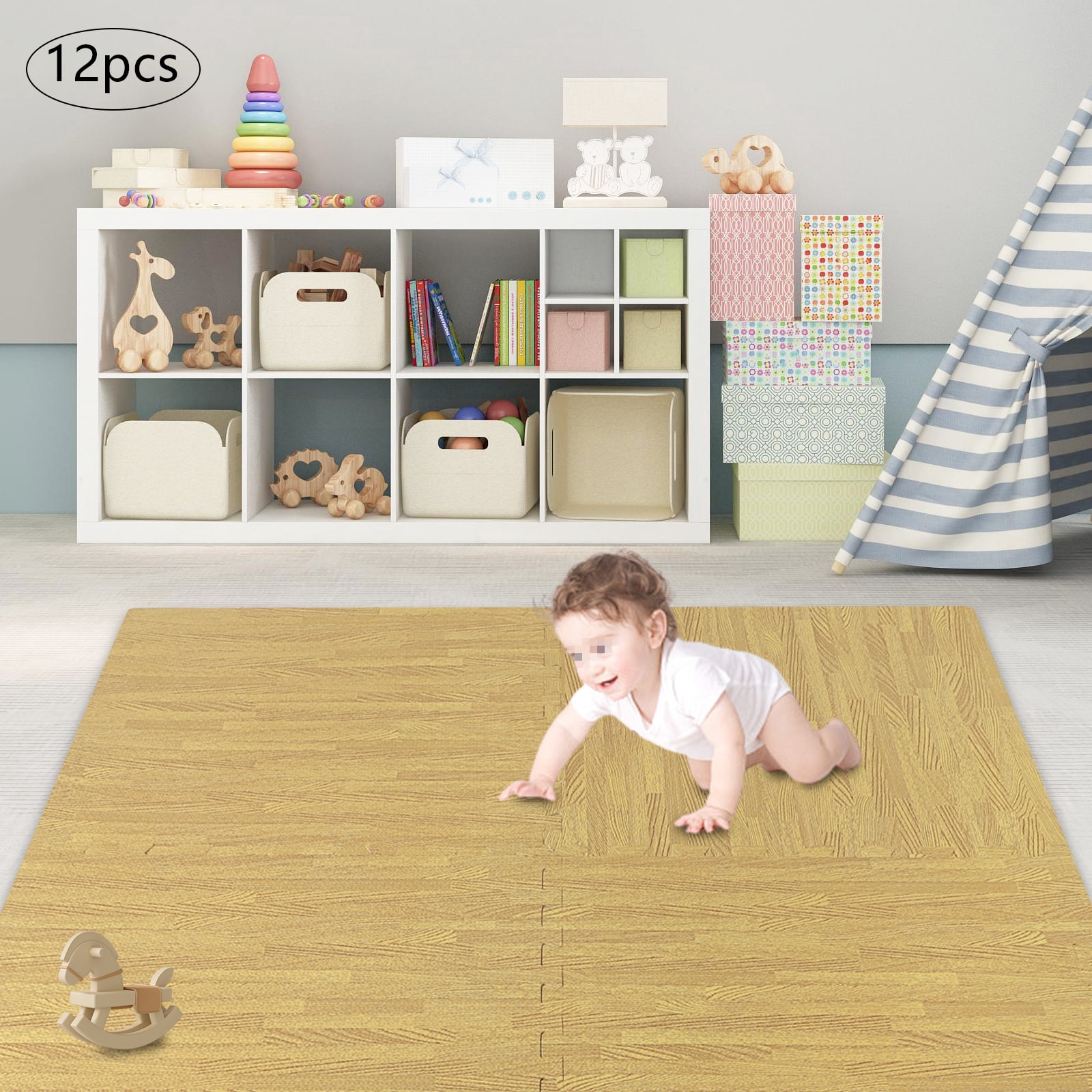 Wildnix Brown Foam Tiles with Wood Grain Pattern, EVA Foam Mats for Floor, 12 Pieces, Non-Slip, Safe for Kids, Elderly, and Home Decor