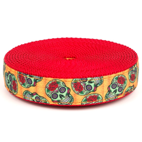 Country Brook Design® 3/4 inch Sugar Skulls on Red Nylon Webbing, 50 Yards