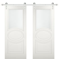 Modern Double Barn Door 72 x 96 inches with Opaque Glass / Mela 7012 Matte White / Stainless Steel 13FT Rail Track Set / Solid Panel Interior Doors