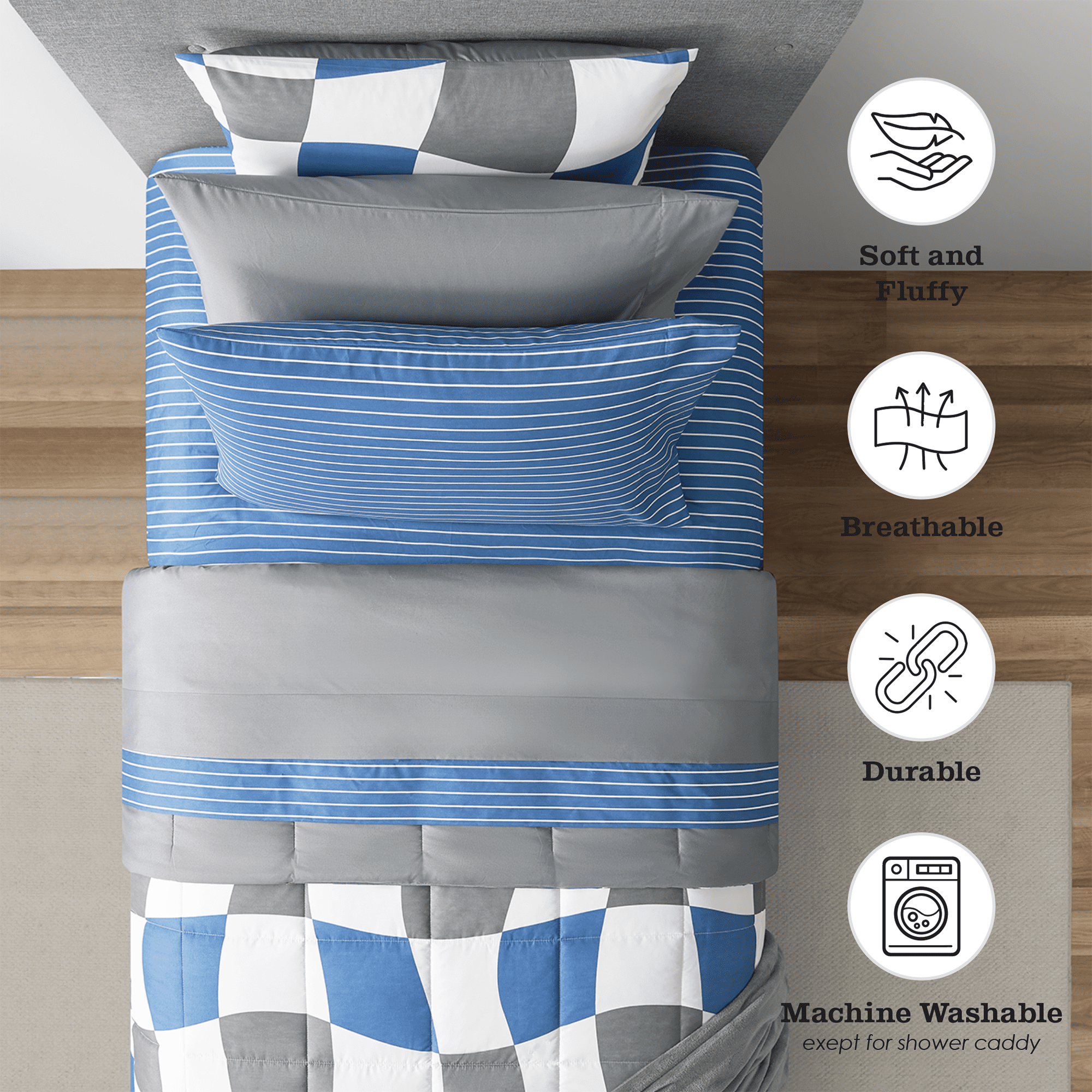 14pc College Dorm Essentials Bundle, Twin-XL, Reversible Bed in a Bag Comforter Set, Navy Checker