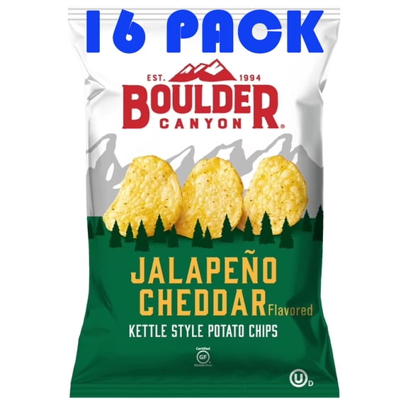 Boulder Canyon Jalapeño Cheddar Kettle Style Potato Chips | 1.5 Ounce Individual Bags | 16 Pack | Gluten Free | Bundled by SUPERDEALS with Mystery Bonus Gift