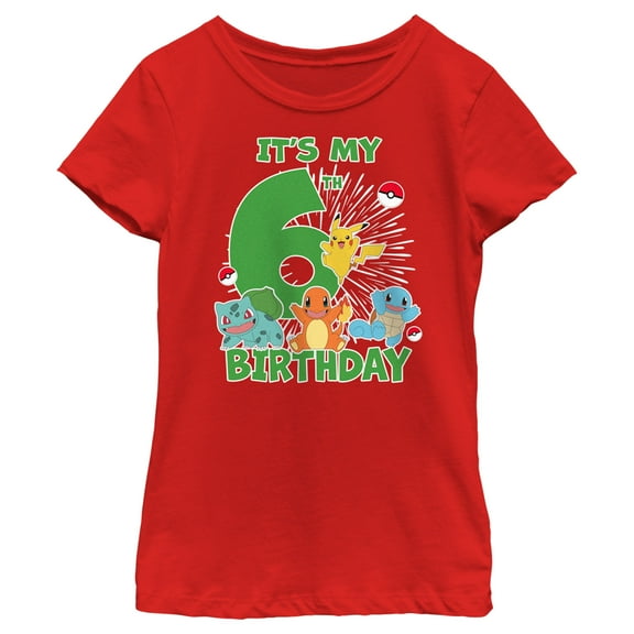 Girl's Pokemon It's My 6th Birthday Starters Graphic Tee Red Medium