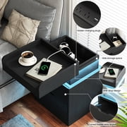 IDEALSOUL Black Nightstand with Charging Station, LED Nightstand with 3 Hidden Drawer Modern Bedside Table End Side Table Nightstands for Bedroom Living Room 25 Tall