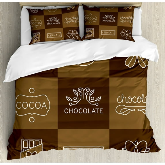Chocolate Duvet Cover Set Queen Size, Cocoa and Chocolate Floral Inside Squares in Brown Shades, Decorative 3 Piece Bedding Set with 2 Pillow Shams, Cocoa Chocolate and White, by Ambesonne