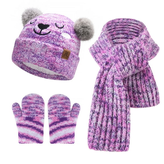 FZ FANTASTIC ZONE Kids Toddler Infants Winter Beanie Hats Scarfs Gloves Set Pompom Caps Mittens Neck Warmer with Fleece Gifts for 0 6 12 18 Months 1 2 3 4 Years Old Baby Girls Boys, Tiedyepurple