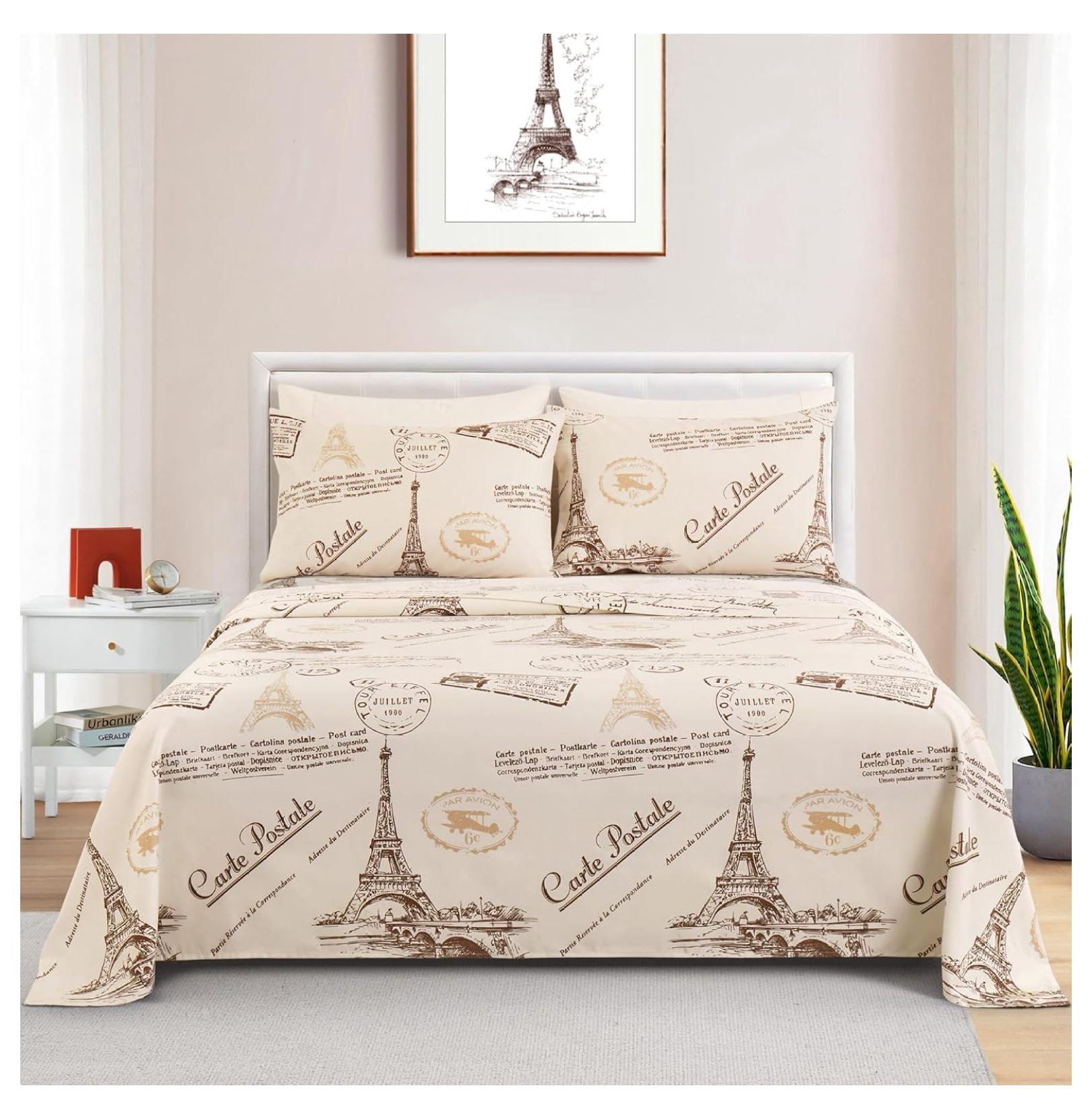 Ultra Soft Silky Deep Pocket Rich Printed Bedding Rayon from Bamboo All Season 6 Pieces Sheet Set with 4 Pillowcases, Eiffel Tower Pattern King Size