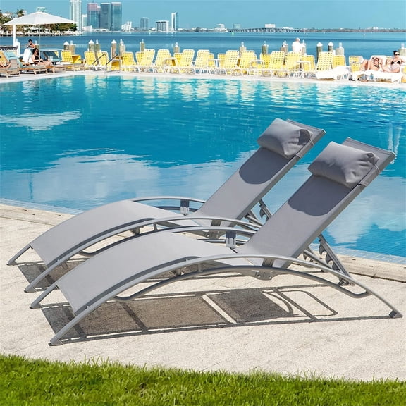 TopComfy Outdoor Chaise Lounge Chairs Set of 2 Adjustable Recliner with Removable Pillow Patio Beach Pool Lawn Gray