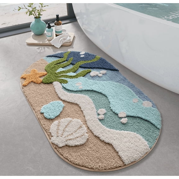 FRABE Beach Bathroom Rugs, Non Slip Bath Mat Ultra Soft Washable Absorbent Quick Dry, Ocean Sea Theme Bath Rug with Starfish Shell for Shower Floor, Kitchen Decor, Kids Room, 22"x34"