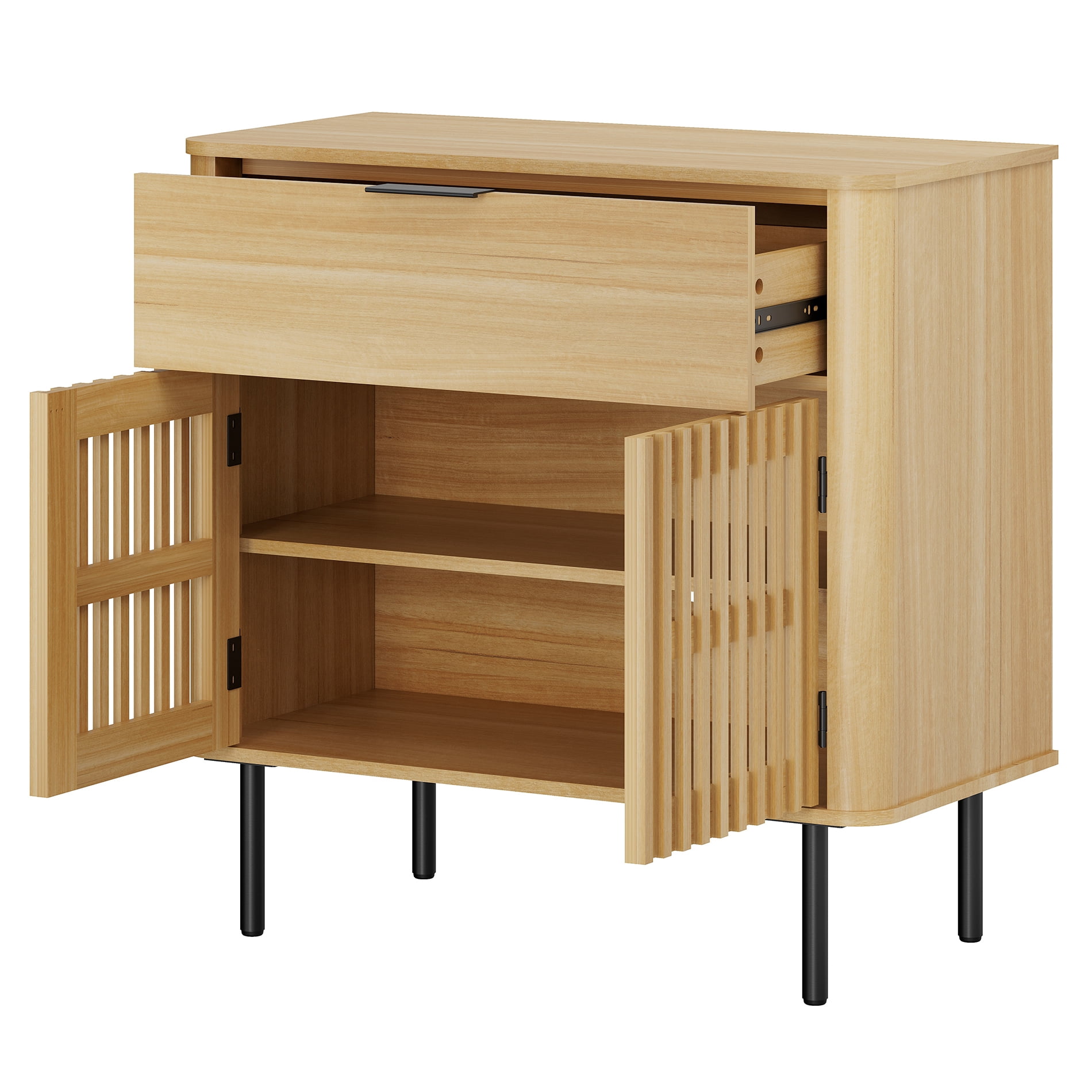 31.5" Sideboard Buffet Cabinet with Storage - Fluted Kitchen Credenza Cabinet with Pop-up Doors and Drawer, Oak