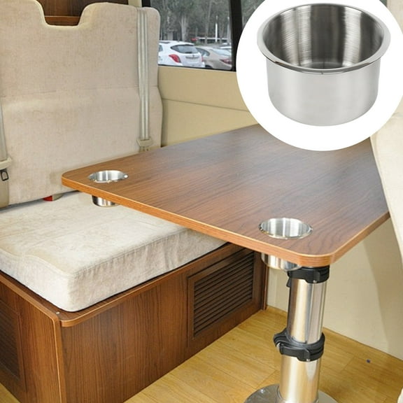 Stainless Steel RV Cup Holder - Folding Drink Holder with Built-In Ashtray, 10.2x10.2x5.7cm Silver Metal Beverage Rack for Trailers & Motorhomes