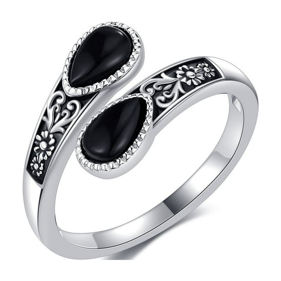JUSORA Black Onyx Ring 925 Sterling Silver Open Ring Adjustable Thumb Rings for Women Vintage Victorian Jewelry Gifts for Women