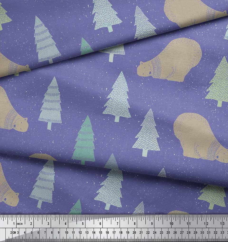 Soimoi Purple Cotton Voile Fabric Bear & Tree Christmas Printed Craft Fabric by the Yard 42 Inch Wide