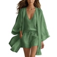thumbnail image 2 of Costeam Womens Linen Blend 3 Piece Beach Outfit Loose Kimono Open Front Cardigan Deep V Neck Inner Top Drawstring Elastic Waist Casual Shorts Lightweight Vacation Matching Sets, 2 of 9
