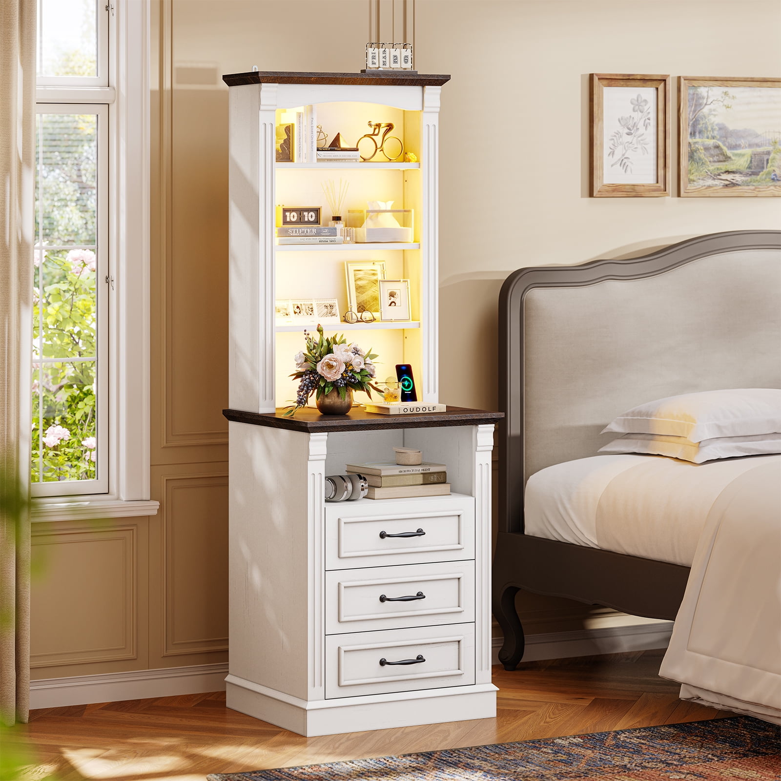 61" Tall Nightstand Set of 2 with Charging Station and LED Lights, End Table with 3 Adjustable Shelves and 3 Drawers, Roman Column Design, Modern White