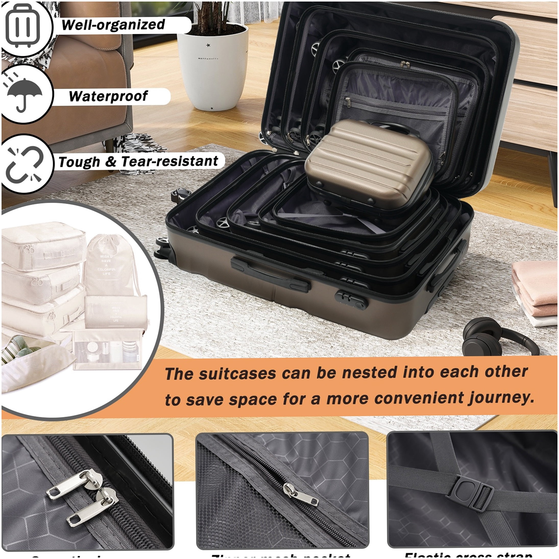 Brown ABS Hardshell Luggage Set with Spinner Wheels, Expandable Suitcases for Travel and Business, Lightweight Durable Carry On and Checked Bags