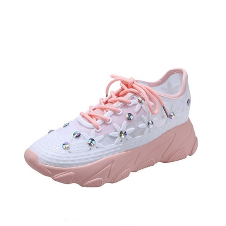 

Tangnade Casual Shoes Mesh Rhinestone Platform Platform Wedge-Heel Hollow Lace-Up Sneakers