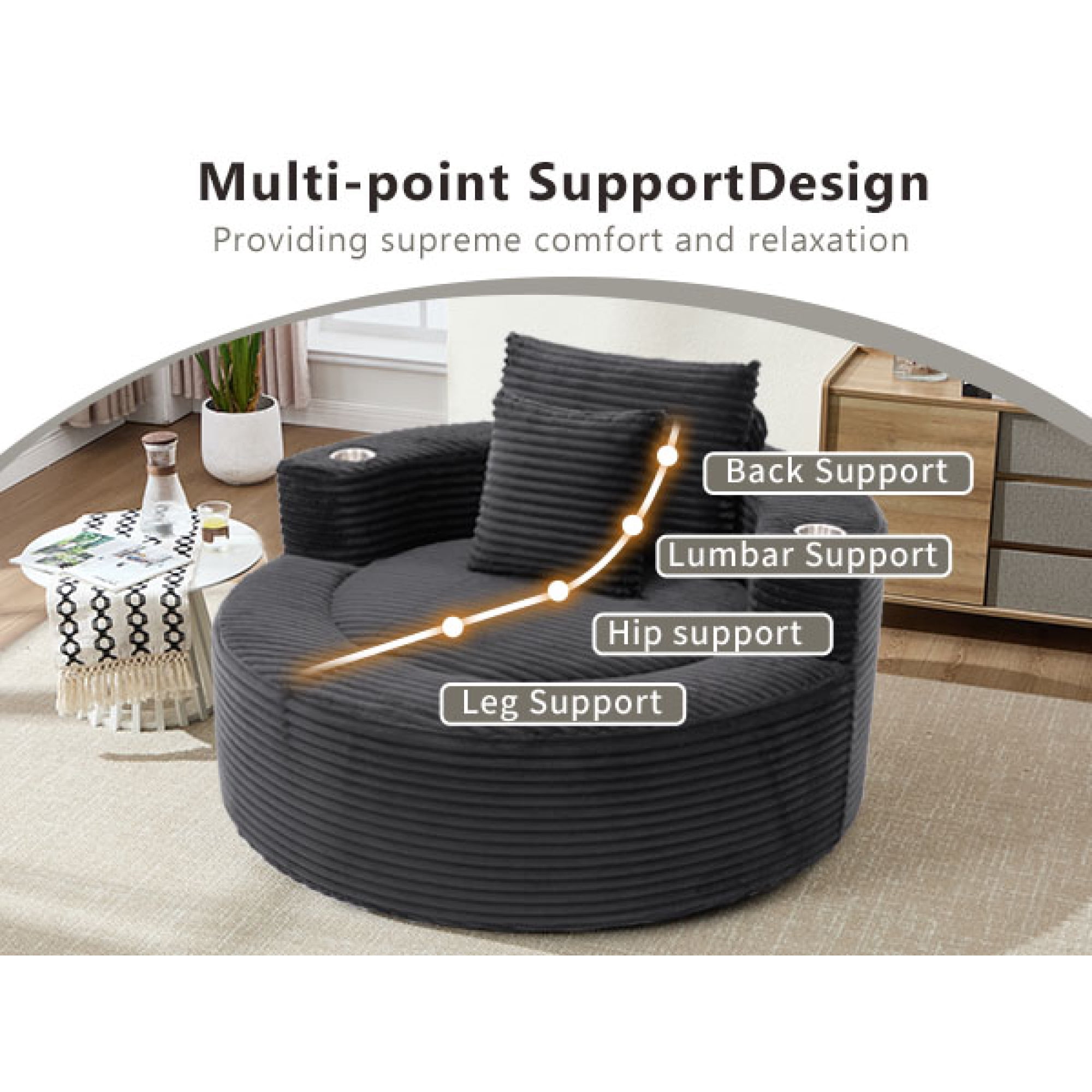 Leumius Oversized Round Chaise Lounge Sofa,Upholstered Lounge Chair with 2 Pillows and Cupholders,Boneless Sofa Couch with Memory Foam,Deep Seat Sleeper Chair for Living Room,No Assembly,Black