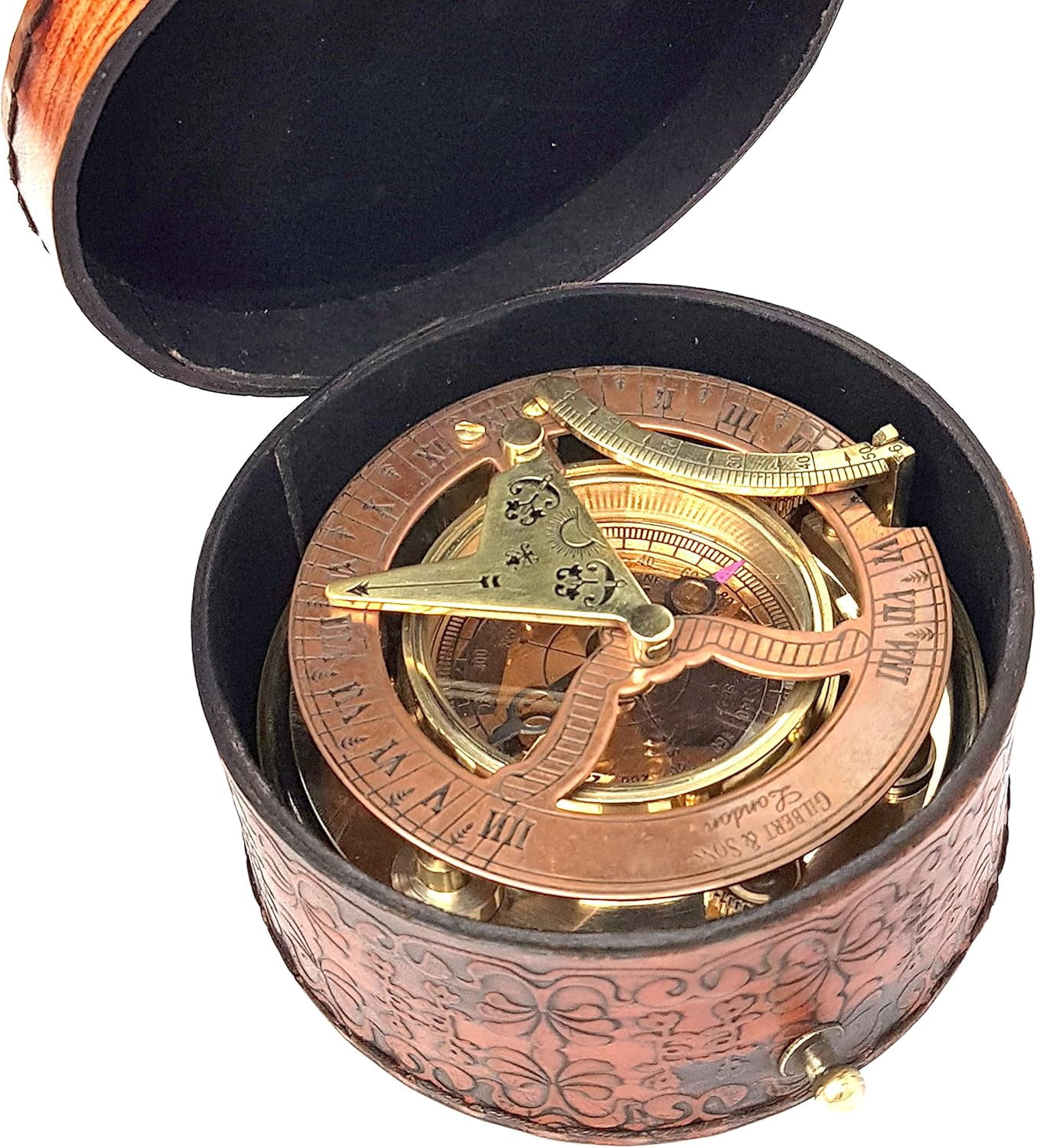 Brass Nautical - Antique Brass & Copper Sundial Compass, Sundial Clock in Box Gift Sun Clock Ship Replica