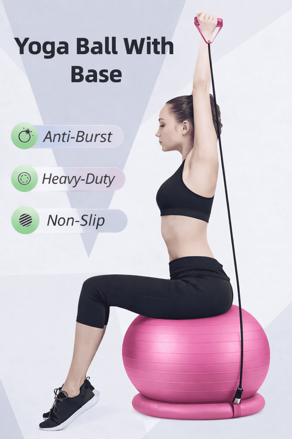 Innotech SC 65cm Yoga Ball with Base & Resistance Bands – Anti-Burst Matte Stability Ball – 750 lb Capacity – Includes Pump & Straps – 1 Pack – Pink