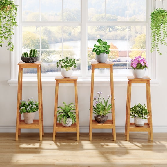 Finmind Solid Wood Plant Stand Indoor Set of 4, 2-Tier Plant Shelf with Strengthened Frame, Farmhouse  Flower Stand for Living Room, Balcony , Brown