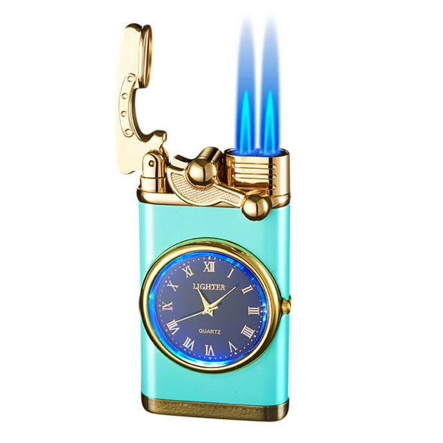 Dsseng Butane Torch Lighter Double Fire Switching Lighter With Quartz Watch Metal Inflatable Windproof Blue Flame Lighter Fashion Gift Luminous White