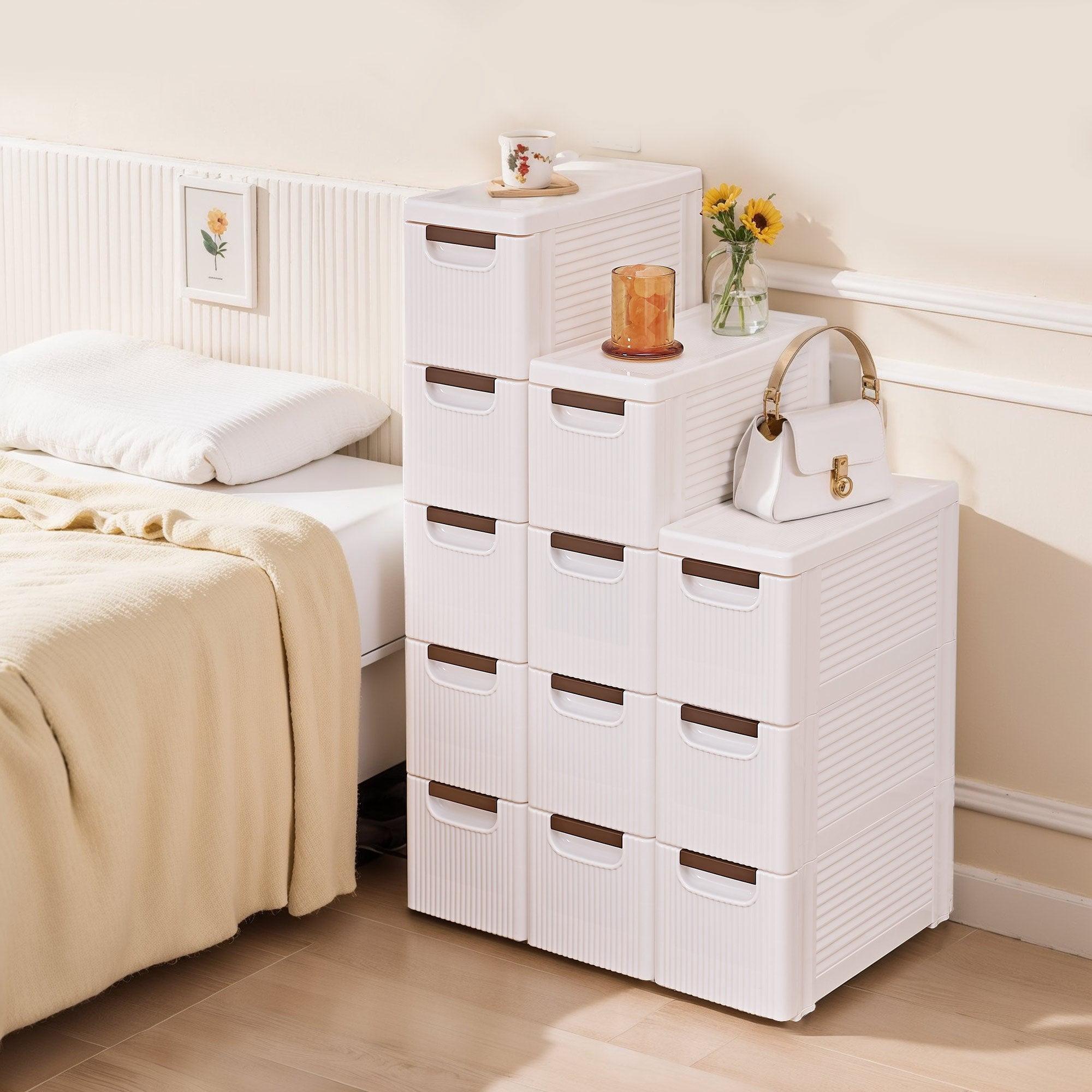 VECELO Bathroom Stackable Storage Combination, Floor Standing Side Cabinet, Moveable Plastic Narrow Slim Corner Slide Out Drawer Storage Cabinet for Bedroom Kitchen, White