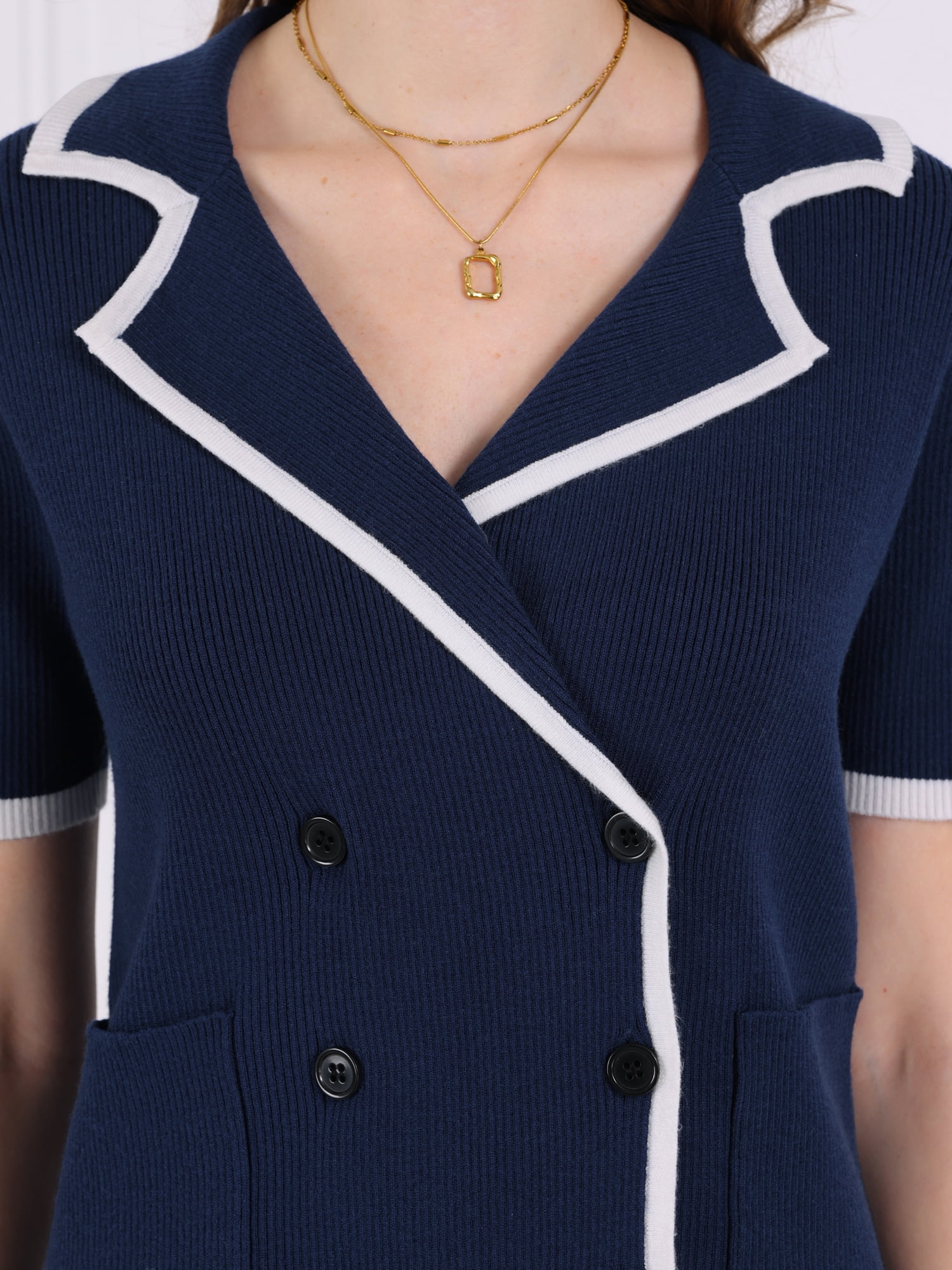 DARING DIVA Women's Short Sleeve Contrast Color Knit Sweater Cardigan L Dark Blue