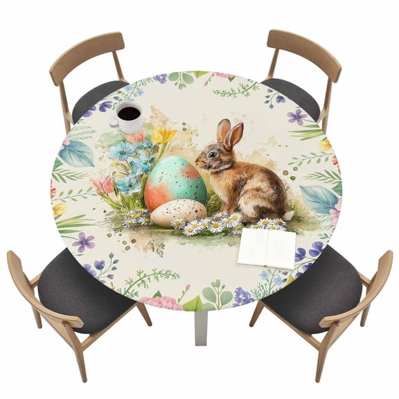 Easter Bunny Fitted Tablecloth with Elastic Edged, Round Table Cloth for Dining Table, Spring Floral Blossom Easter Eggs Watercolor Waterproof Oil Proof Table Cover for Indoor Outdoor 45"-54"
