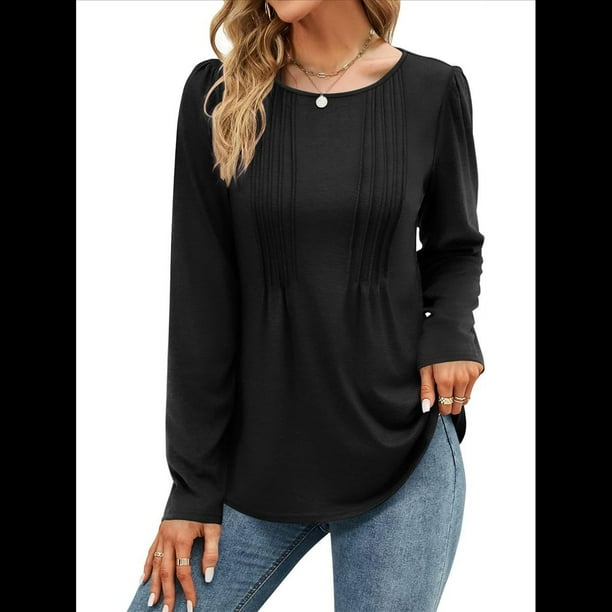 Blusa Tipo Túnica Plisada de Larga Abullonada para Mujer, Cuello Redondo, Estilo Elegante, Informal, Holgada, para Verano Negro XL