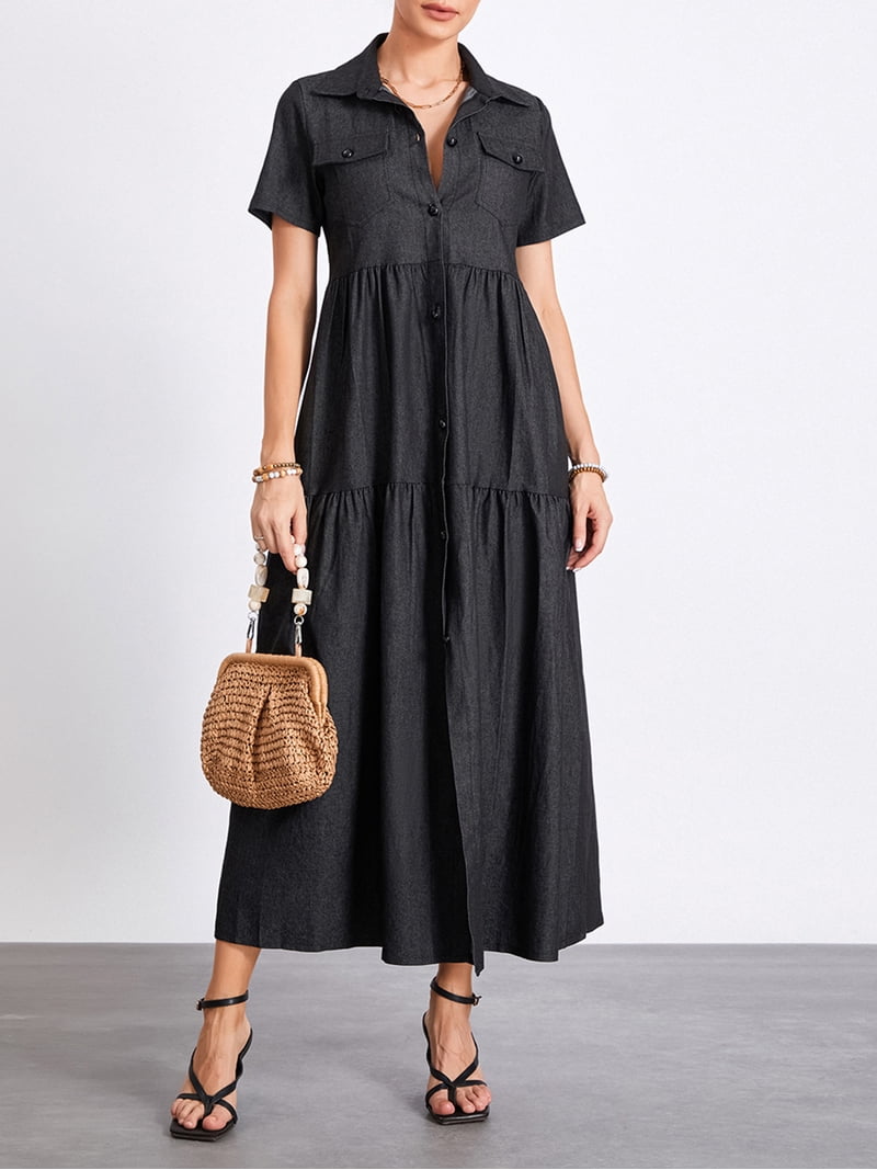 knee length dresses for ladies Blue Plus Size Long Sleeve Elastic Bodycon Slim Fit Midi Denim Dress