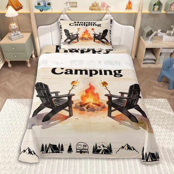 Erosebridal Teens Campfire Barbecue Twin Sheet Sets 3pcs,Happy Camping Bedding for Boys Girls,Super Cozy Room Decor