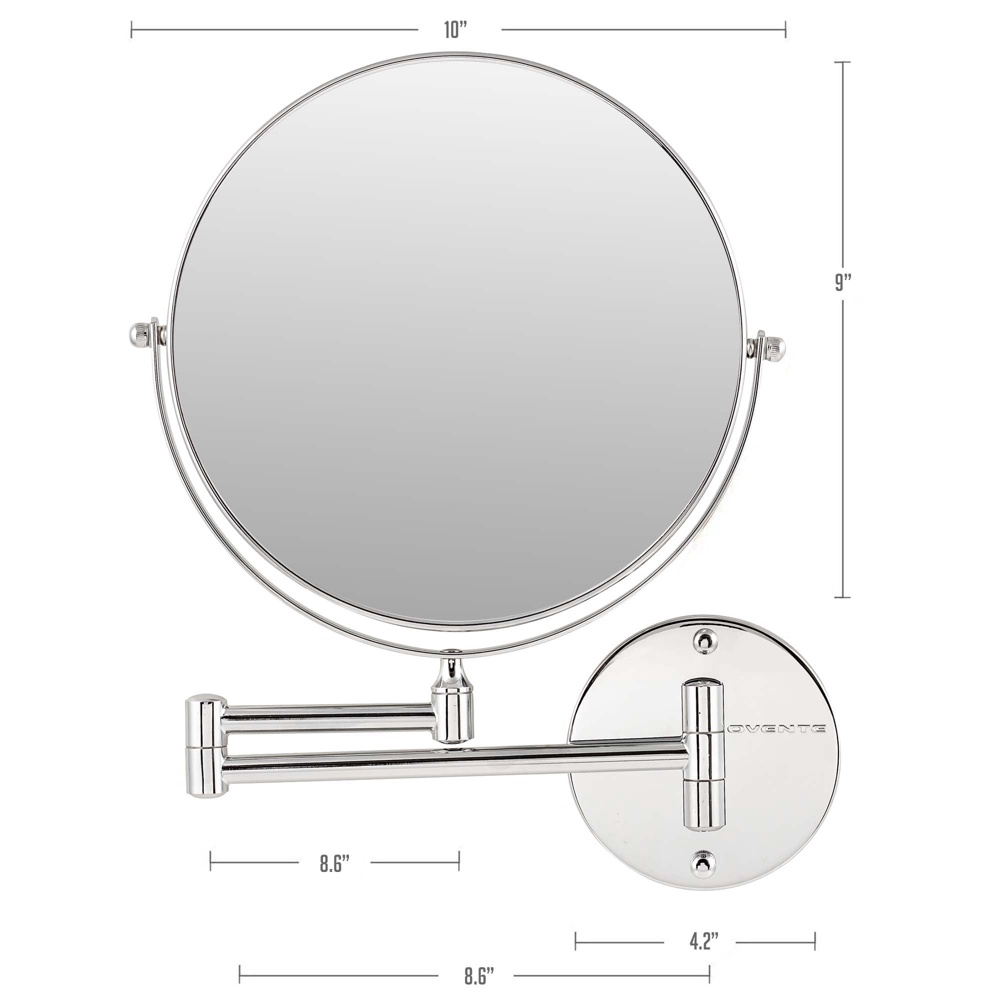 OVENTE 9" Wall Mounted Makeup Mirror with 1X/10X Magnification, Double Sided Magnifying Round Bathroom Vanity Mirror, 360° Swivel Design, Extendable and Folding Arm, Polished Chrome MNLFW90CH1X10X