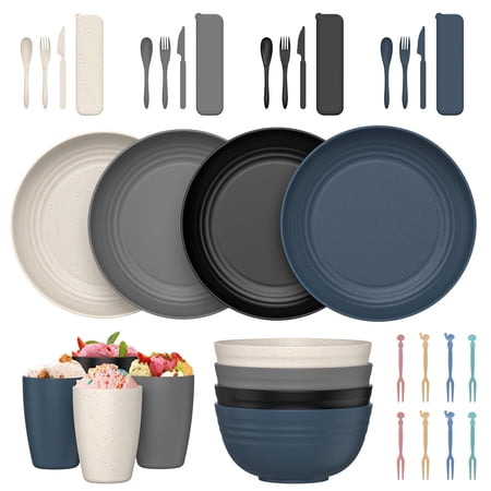GPED 36 Piece Kitchen Wheat Straw Dinnerware Set, Service for 4, Plates and Bowls Sets, Unbreakable Plastic Outdoor Camping Dishes Sets, Dishwasher Microwave Safe Dinnerware