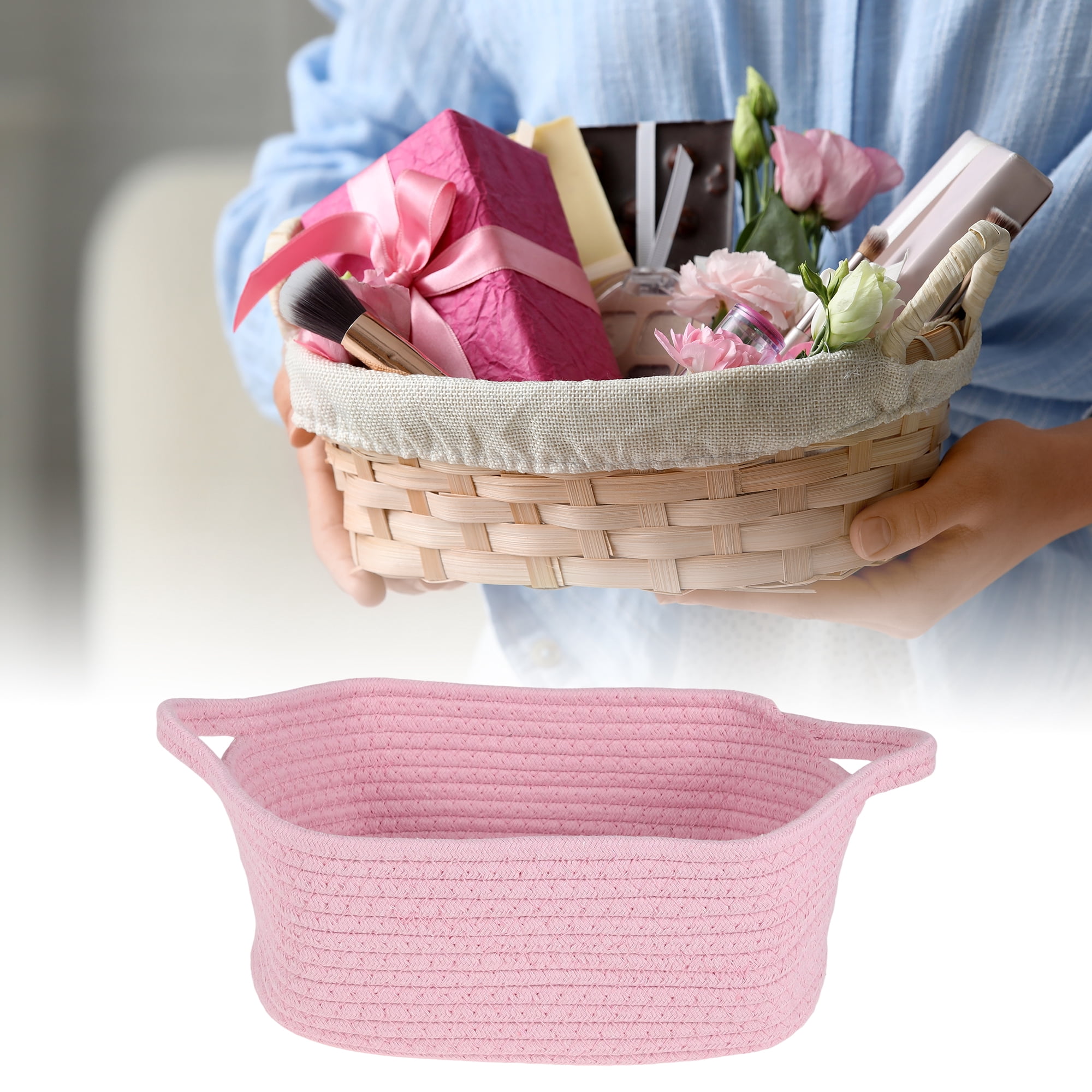 Unique Bargains Woven Empty Gift Decorative Basket with Gift Bag and Ribbon Pink
