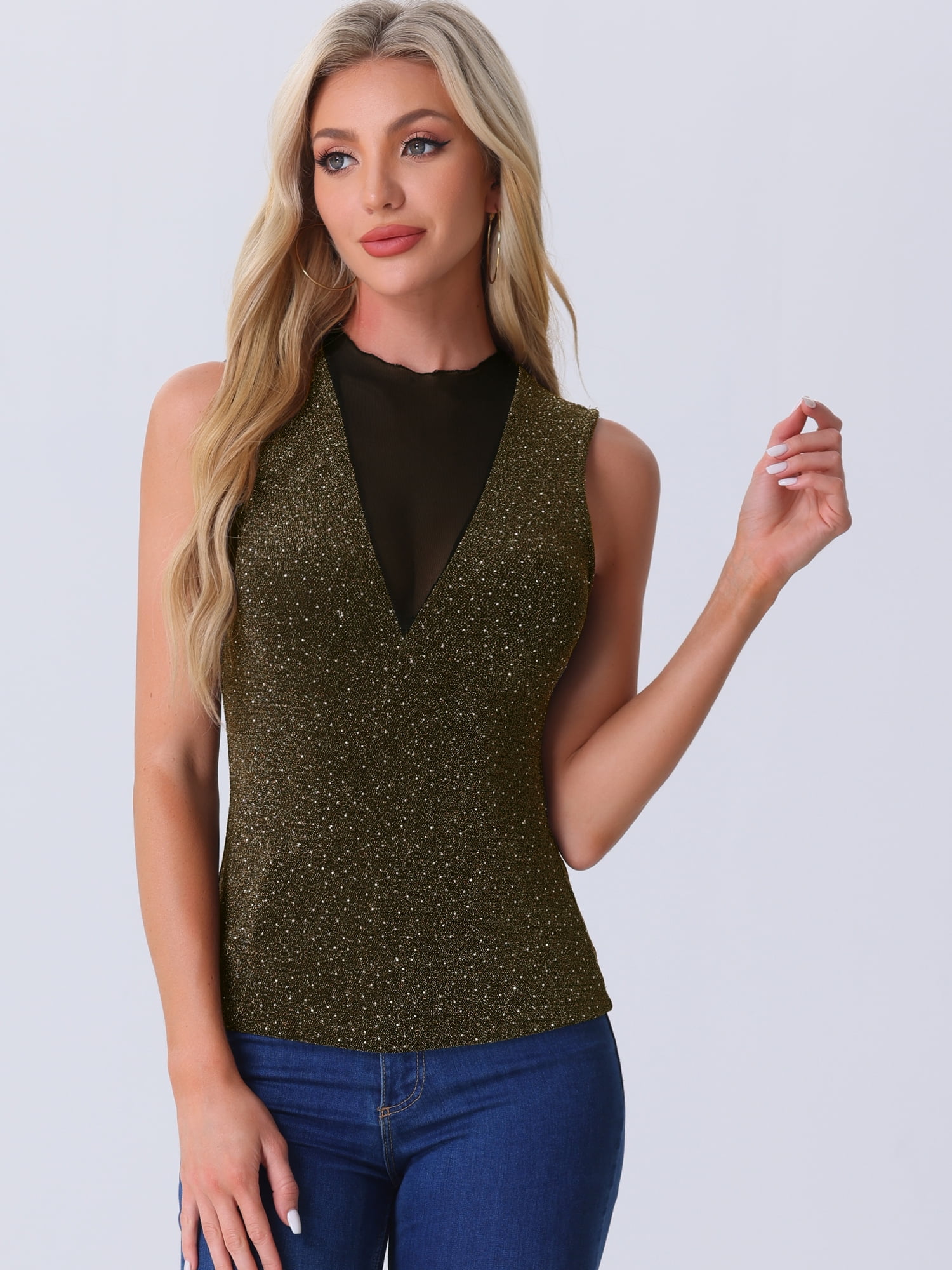 DARING DIVA Women's Mesh Tops Glitter Party Club Sparkly Shirt L Black Gold