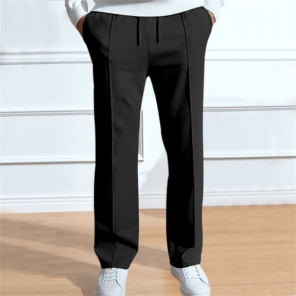 CUZIBR Wens Sweatpants Fashion Baggy Drawstring Elastic Waist Casual Solid Color Loose Relaxed Rope Straight Trousers Athletic Joggers With Pockets Running Sweat Pants,Black,XL