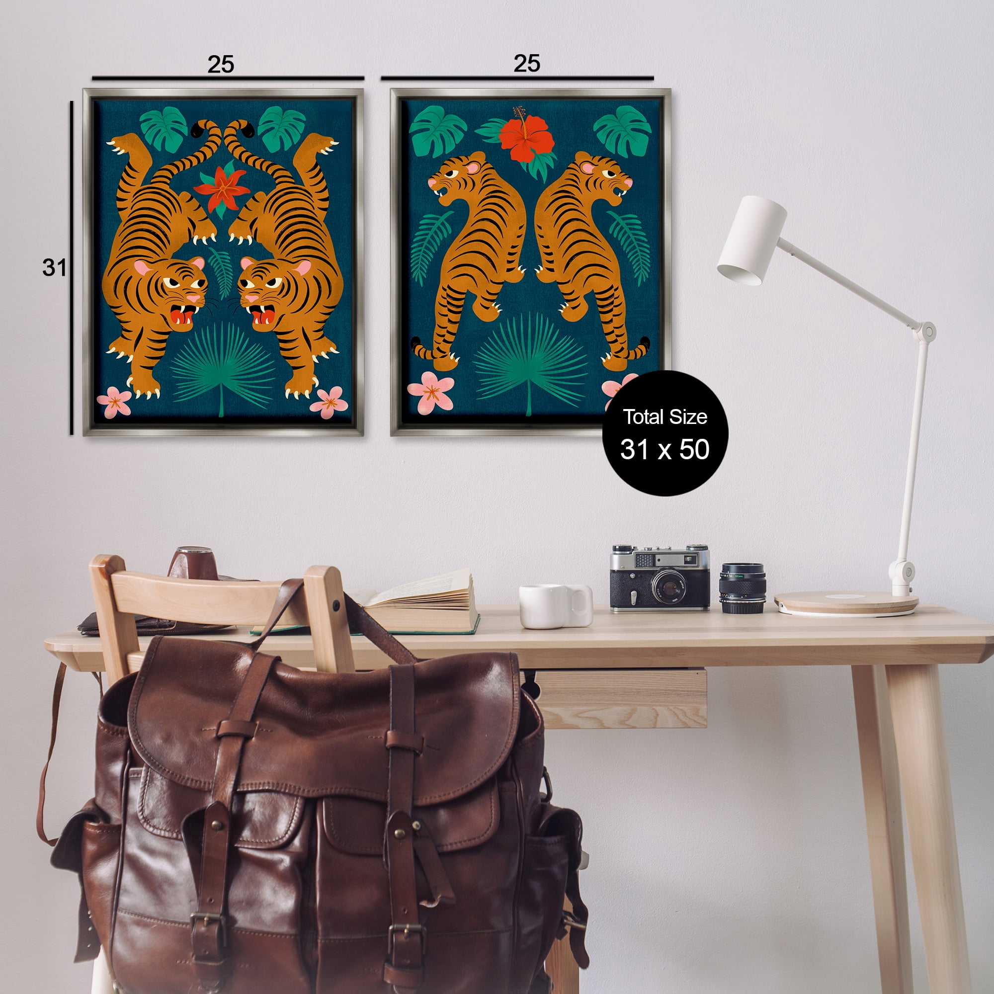 Stupell Industries Twin Jungle Tigers Animals Painting Gray Floater Framed Canvas Art Print Wall Art, 31 x 25, Set of 2