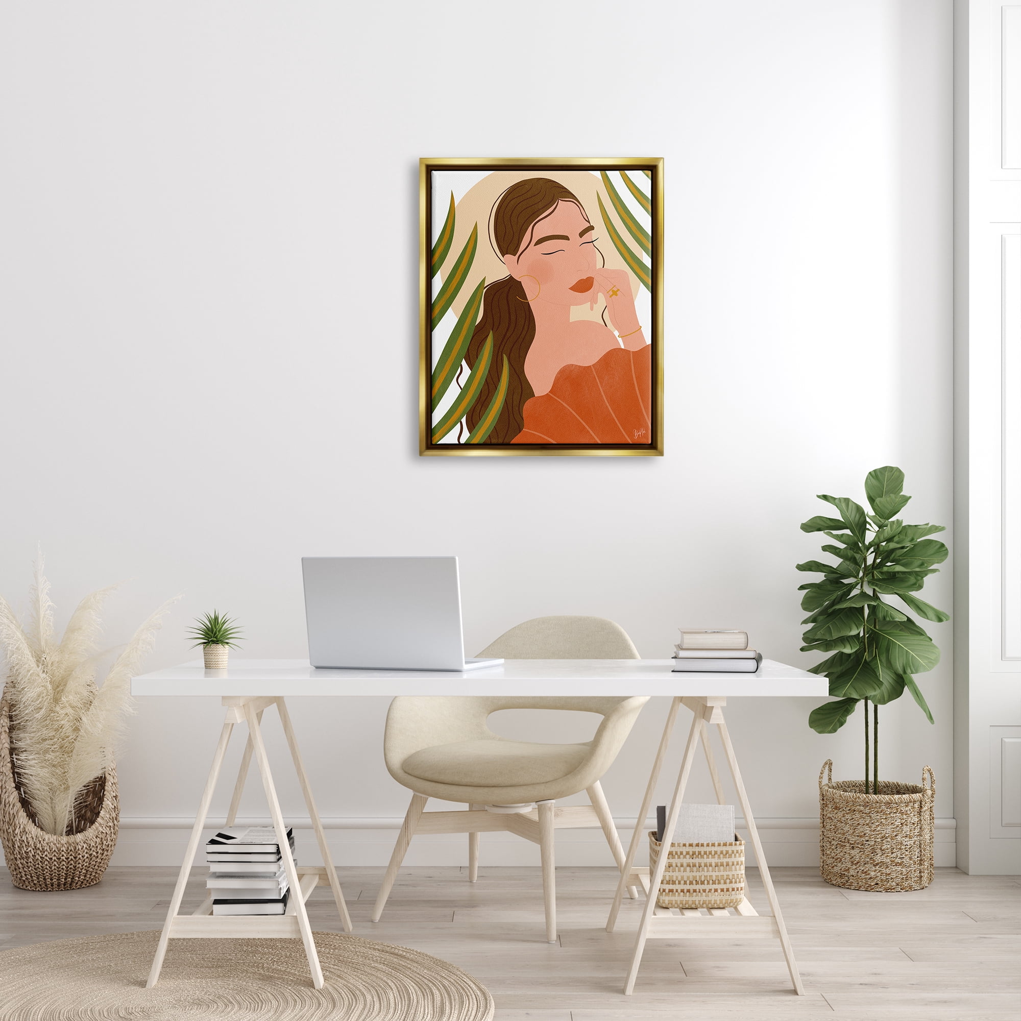 Stupell Industries Woman Tropical Snake Plant Leaves Circle Cutout Shape Graphic Art Metallic Gold Floating Framed Canvas Print Wall Art, Design by Birch&Ink
